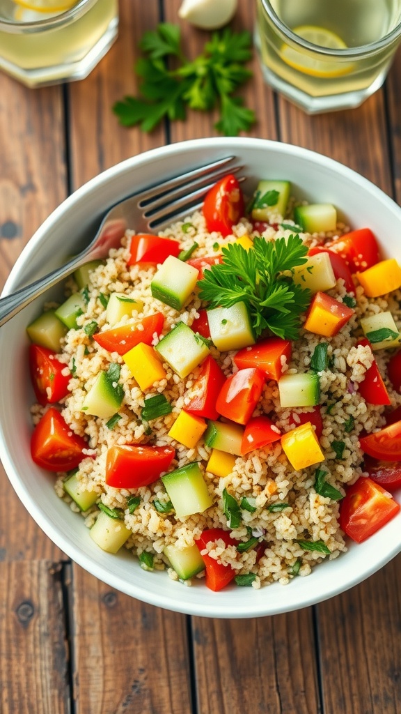 A vibrant quinoa salad with cucumbers, cherry tomatoes, bell peppers, and parsley on a wooden table.